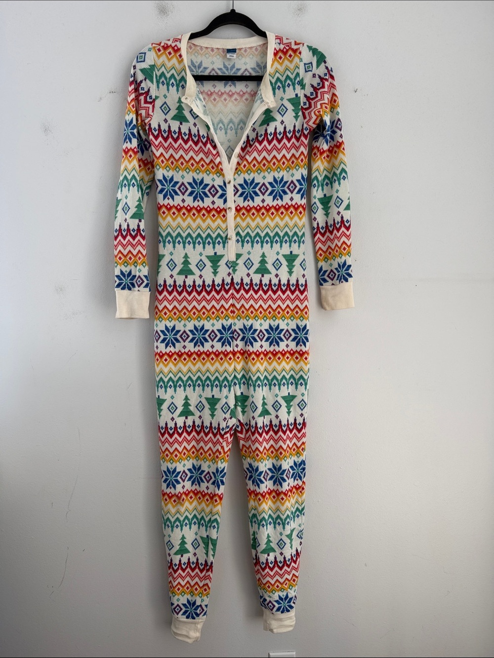 Old Navy Henley thermal knit fair isle print button up one piece pajama suit XS
